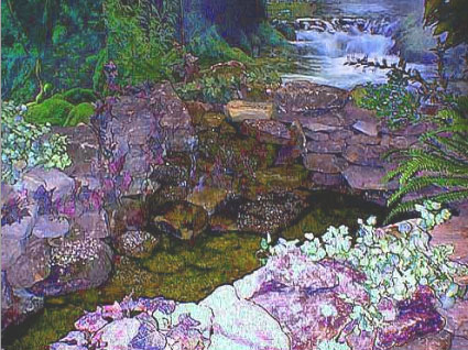 Additional gravel, realistic silk plants, and the water are added to make this pond match the mural. The water trickles over the stones making a relaxing rippling sound.