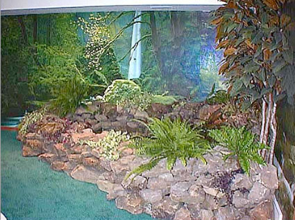 With water gently trickling over the moss-covered rocks, and the luch vegetation "growing" all around, this pond achieves its mission to create an indoor oasis.